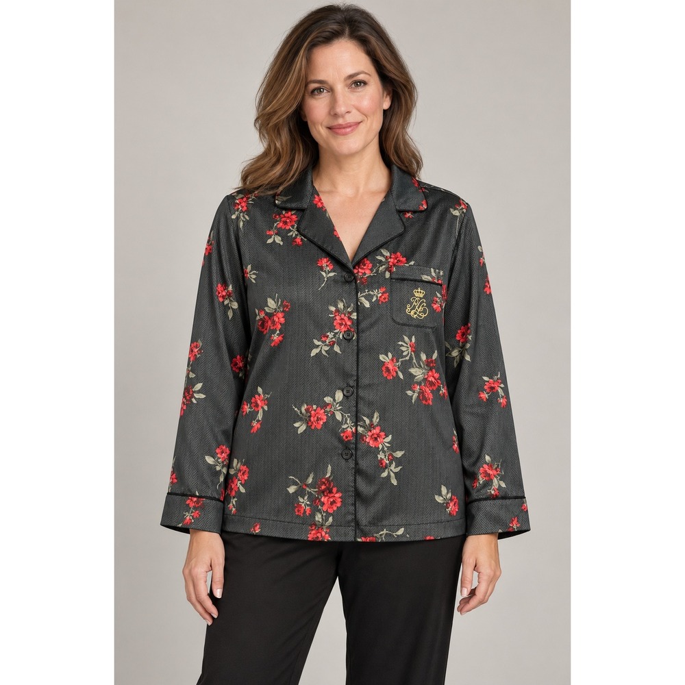 Lauren Ralph Lauren Pajama Top Womens L Black Red Floral Excellent Herringbone